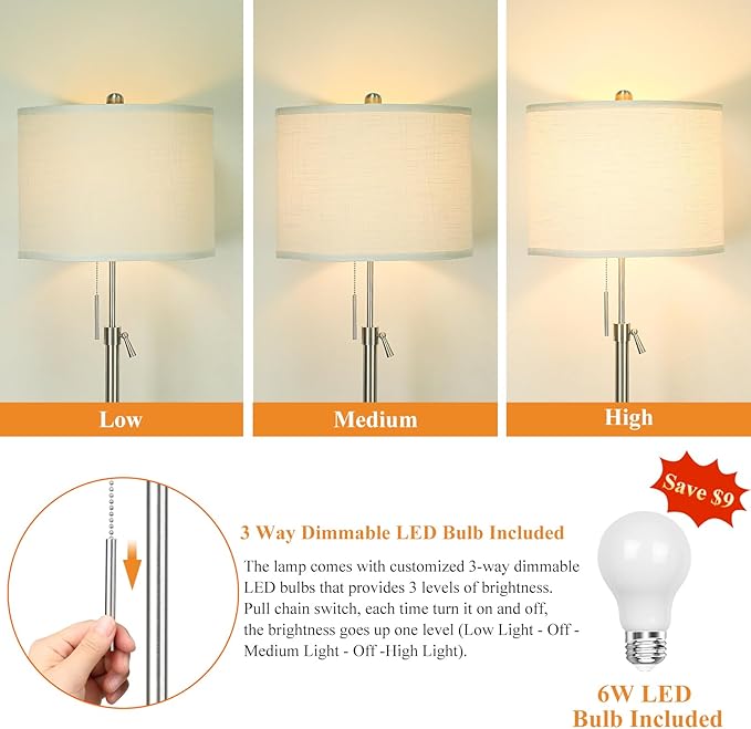 Brushed Nickel Floor Lamp for Living Room, Adjustable Height Standing Lamp with Metal Base, 3-Way Dimmable Tall Pole Light with White Linen Shade for Bedroom, Pull Chain Switch, 6W LED Bulb Included