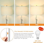 Brushed Nickel Floor Lamp for Living Room, Adjustable Height Standing Lamp with Metal Base, 3-Way Dimmable Tall Pole Light with White Linen Shade for Bedroom, Pull Chain Switch, 6W LED Bulb Included