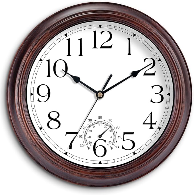 12 Inch Outdoor Wall Clock with Thermometers, Vintage Silent Wall Clocks Battery Operated, Retro Non-Ticking Clock Decorative for Living Room, Patio, Kitchen, Office, Bathroom, Bedroom(Bronze)