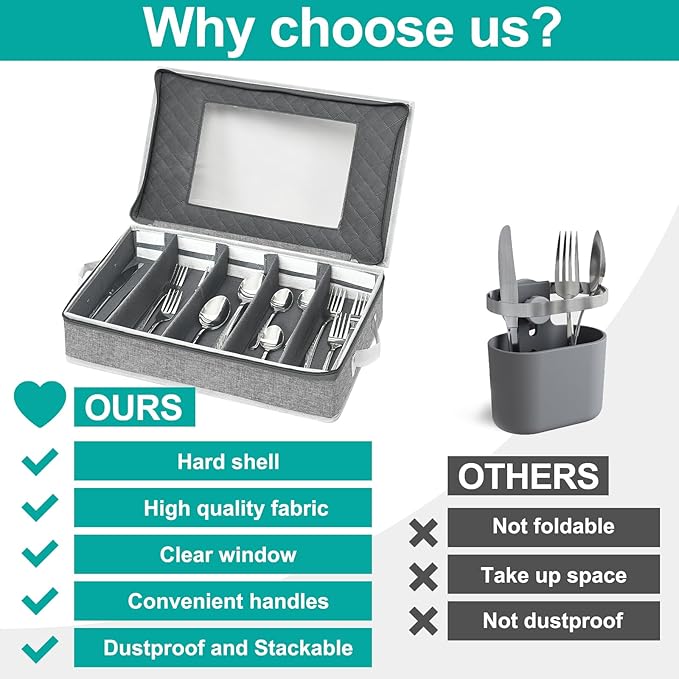homyfort Flatware Storage Case Box, Silverware Organizer, Tableware Cutlery Utensil Storage Container with Cover/Lid and Adjustable Compartments for Flatware Organization (Grey)