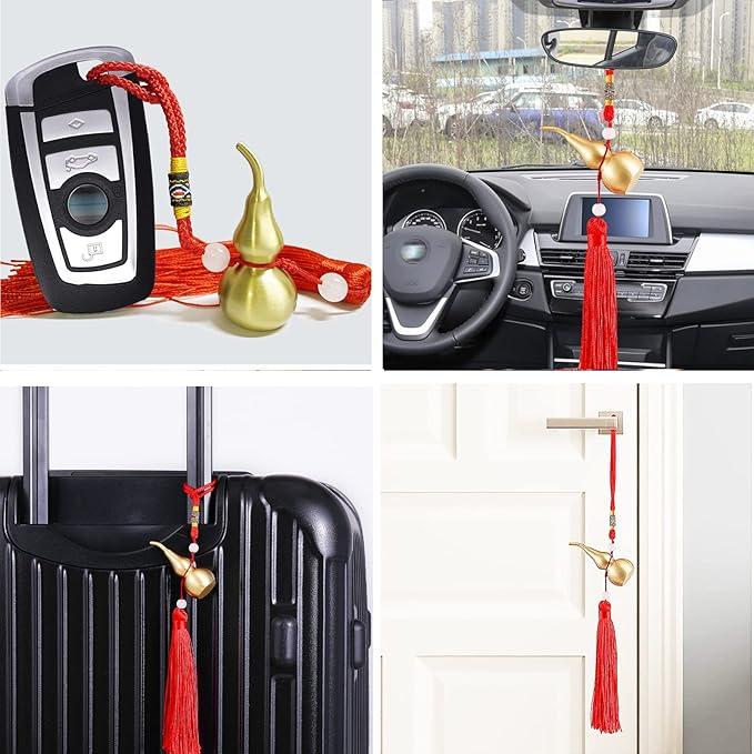 Feng Shui Hanging Ornaments Decor,Wu Lou Golden Gourd,with Red Luck Strip Tassel Treasure for Ideal Car Pendant,Bedroom,Door,Desk lamp,Bring Good Luck,Safty,Healthy,2.16inch Tall,Full Brass