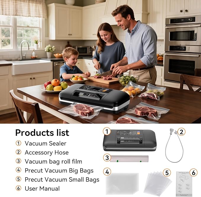 85Kpa Vacuum Sealer for Food, Full Automatic Vacuum Sealer Machine with Double Heat Seal, Easy-Lock Handle, Built-in Cutter, 1 Bag Rolls and 10 pcs Pre-cut Bags