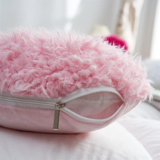 MOOWOO Pink Girl Heart Throw Pillow with Pillow Cover and Insert,Love Pillow，Valentines Day Decor, Shaggy Faux Fur Fluffy Pillow, Gift for Mothers,Girls (Pink,Heart Shape-15.7X15.7Inches)
