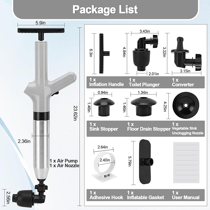 Toilet Plunger Drain Clog Remover, High Pressure Air Drain Remover Tool with Real-Time Barometer, Stainless Steel Clog Toilet Cleaner for Bathroom Kitchen Commercial Floor Sink(Gray)