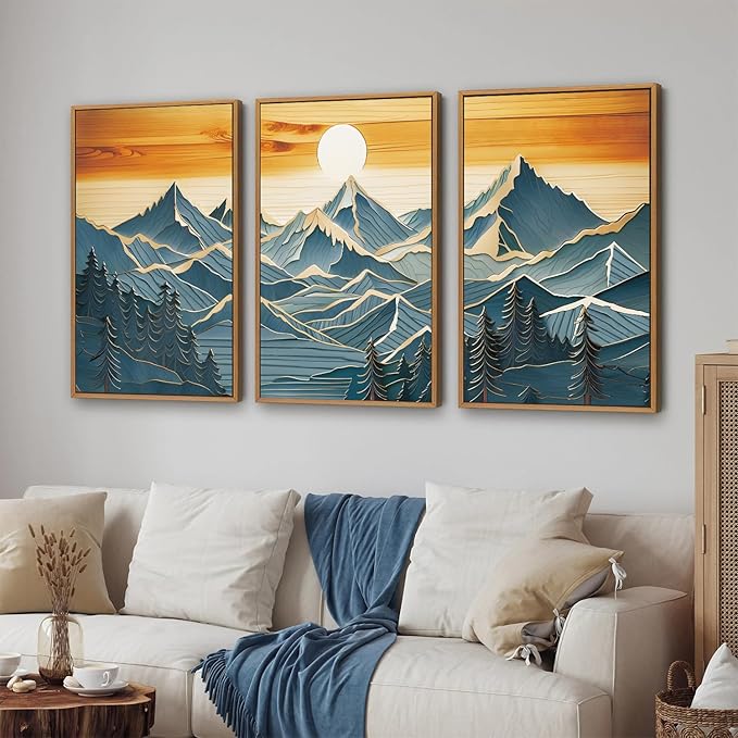 Tinonedraw Vintage Mountain Framed Canvas Wall Art Set of 3, Boho Nature Wilderness Art Prints, Mid Century Modern Ridge Scenery Wall Decor, Sunrise Forest Woodcut Style Art Paintings for Living Room Bedroom, Office 16"x24"