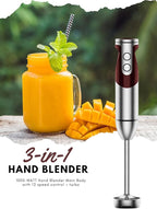 Megawise 3-in-1 Hand Blender – 12-Speed, Includes Powerful Blender Stick, Whisk, and Milk Frother – Easy to Clean and Perfect for Smoothies, and More (Red)