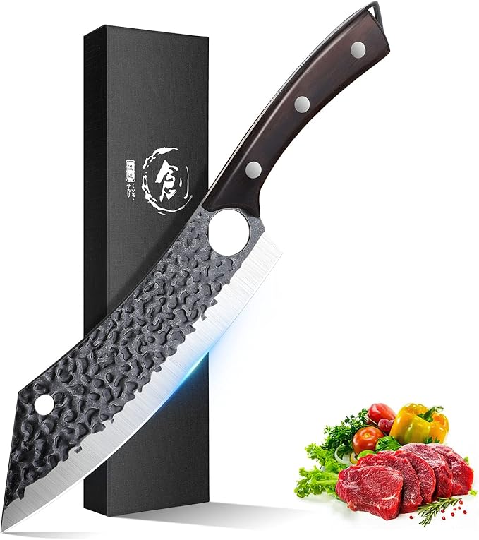 Purple Dragon Kitchen Knife 8 Inch Ultra Sharp Japanese Butcher Knife for Meat Cleaver Vegetable Cutting with Finger Hole Hand Forged High Carbon Steel Chef Knife Gifts for Father Dad