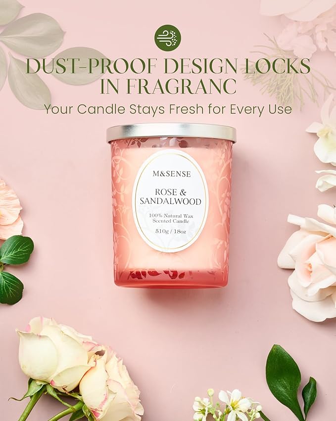 M&SENSE Rose Sandalwood Scented Candle, Cracking Wooden Wick Soy Wax, 18oz 100 Hours Long Lasting Clean Burn, Large Jar Candles for Home Decor, Non-Toxic Relaxing Aromatherapy Gifts for Women