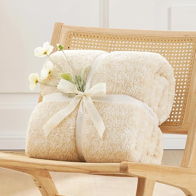 Cozy Bliss Luxury Sherpa Throw Blanket for Couch, Premium Reversible Plush Thick Throw, Warm Cozy Soft Blanket for Home and Gifts (Mottled Beige, 50" x 60")