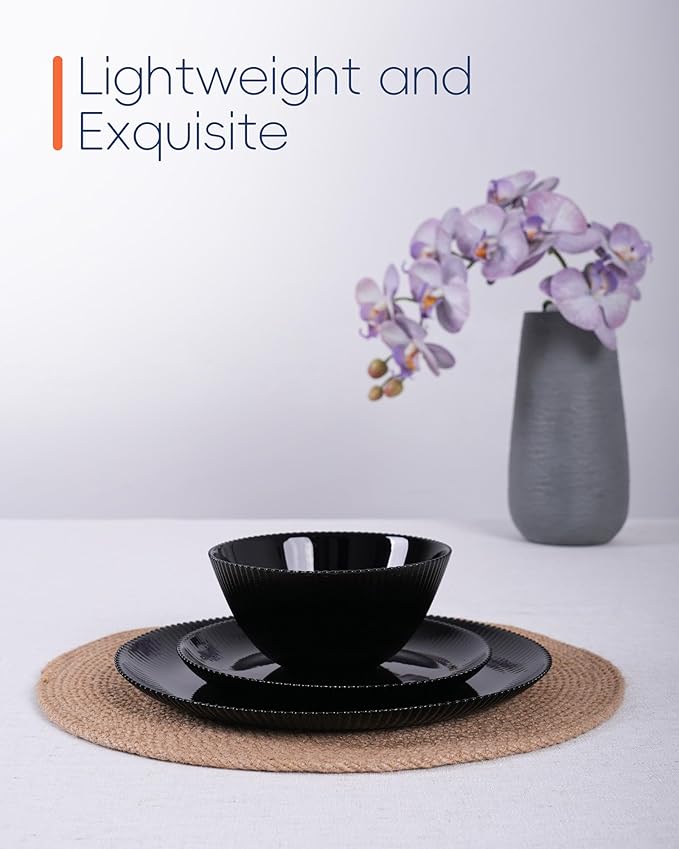 20 OZ Max Black Opal Glass Cereal Bowl Set of 6, 6 inch Dishwasher & Microwave Safe Round Ribbed Bowls for Kitchen, Salad, Soup and Rice