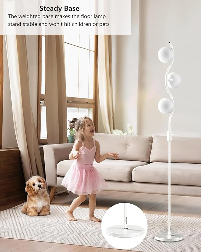 Lightdot 60IN Dimmable (Brightness Adjustable) White Floor Lamp, Mid Century Standing Lamps with 3 Globe Soft Warm White Eye Care 3000K Bulbs Included, Modern Tall Lamp for Bedroom Office