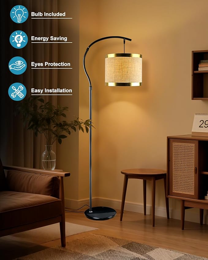 Lightdot 64.9IN Black Arc Floor Lamp, Modern Floor Lamps for for Wedding/Party, Standing Lamp with Linen Shade, Tall Floor Lamp Living Room/Bedroom (Bulbs Included)