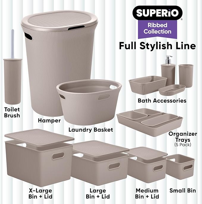 Superio Ribbed Collection - Decorative Plastic Toilet Bowl Brush and Holder Set, Taupe (1 Pack) Cleaner Scrubber for Bathroom