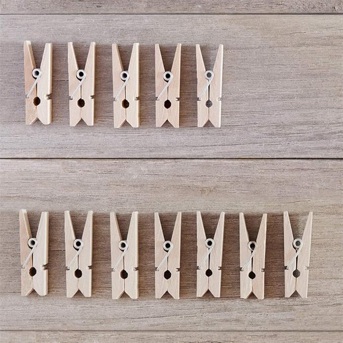 Mini Clothespins, Mini Clothes Pins for Photo, 100 Pack Wooden Small Clothes Pin with 32 FT Jute Twine String, Tiny Decorative Clothespin for Little Baby Shower Photos Clips Pictures Crafts Display