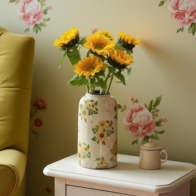 Levvohd Vintage Ceramic Vase, 10.6 Inch Chinoiserie Sunflower Yellow Floral Vases, Retro Ice Cracked Rustic Antique Flower Vases for Modern Room Bathroom Shelf Home Decor (Large Cylinder)