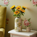 Levvohd Vintage Ceramic Vase, 10.6 Inch Chinoiserie Sunflower Yellow Floral Vases, Retro Ice Cracked Rustic Antique Flower Vases for Modern Room Bathroom Shelf Home Decor (Large Cylinder)