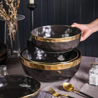 Stone Lain Florian Porcelain 3-Piece Round Bowl Service Set, Black with Gold Rim