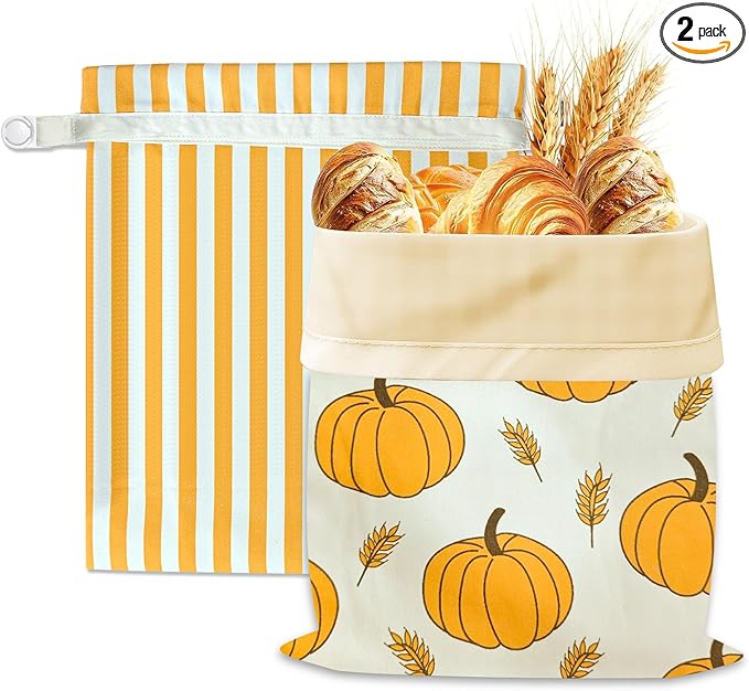 2 Pack Reusable Beeswax Bread Bag for Sourdough & Homemade Bread with Zipper– Beeswax Lined Bread Bags, Plastic-Free Sourdough Bread Storage, Autumn Pumpkin Design for Thanksgiving & Fall Baking