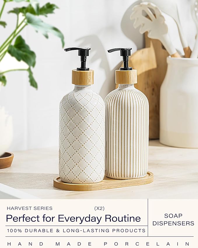 Getstar Hand and Dish Soap Dispenser Set, Ceramic Soap Dispenser for Bathroom and Kitchen with Rust Proof Pump and Tray, Set of 2 (Black Pump)