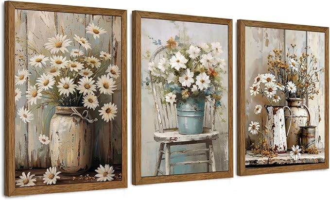 DUWQU 3 Piece Framed Elegant Farmhouse Canvas Wall Art, Vintage Floral Pictures Art Wall Decor, Nature Themed Daisy Art Prints for Living Room Bedroom Kitchen and Office Ready to Hang 12×16 Inches
