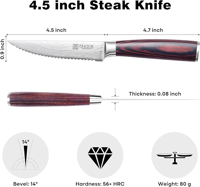 PAUDIN Steak Knives Set of 6, Kitchen Steak Knife 4.5 Inch, High Carbon Stainless Steel Steak Knives, Serrated Steak Knife with Pakkawood Handle, Dinner Knives with Gift Box