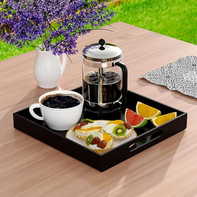 NIUBEE Acrylic Serving Tray 12x12 Inches -Spill Proof- Decorative Tray Organiser for Ottoman Coffee Table Countertop with Handles - Black