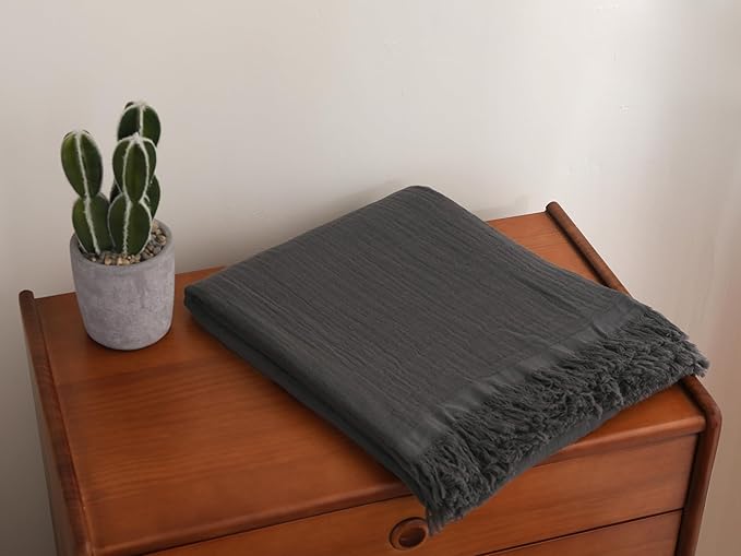 100% Cotton Muslin Throw Blanket for Bed, Couch, Small, Decorative, Soft, Pre-Washed, Breathable and Lightweight Gauze Blanket with Tassels, Suitable for All Seasons, Dark Grey, 50"x60"