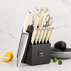 Damascus Kitchen Knife Set, 14 Pieces Kitchen Knife Set with Block, White ABS Ergonomic Handle for Chef Knife Set and Serrated Steak Knives Knife Sharpener and Kitchen Shears, Black Wooden Block