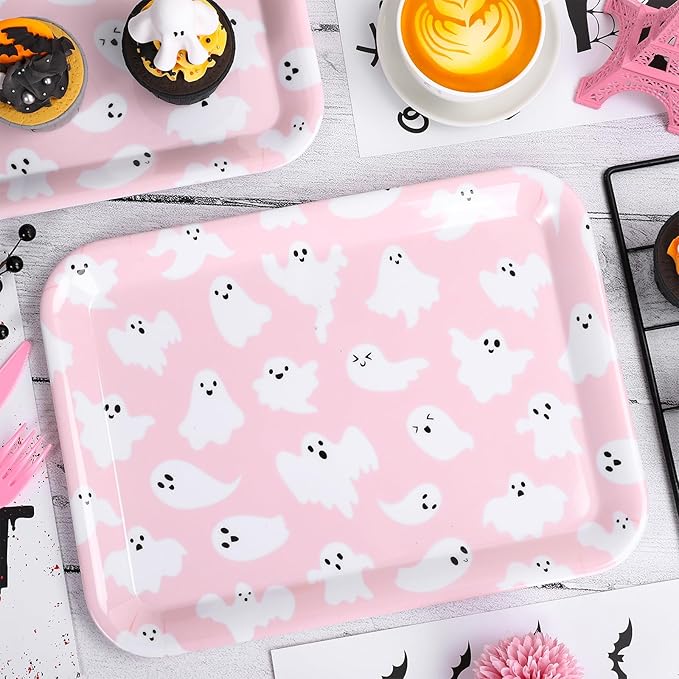 3Pcs Halloween Serving Trays Pink Ghost Platter Cute Ghost Reusable Serving Dishes for Birthday Baby Shower Party Sharing Snacks Fruit Dessert, 13 x 10 Inch