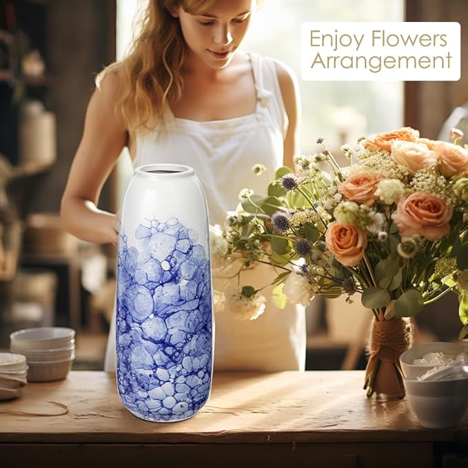 Blue and White Chinoiserie Vase - 11.8" Porcelain Flower Vase for Centerpieces and Dining Table Decor