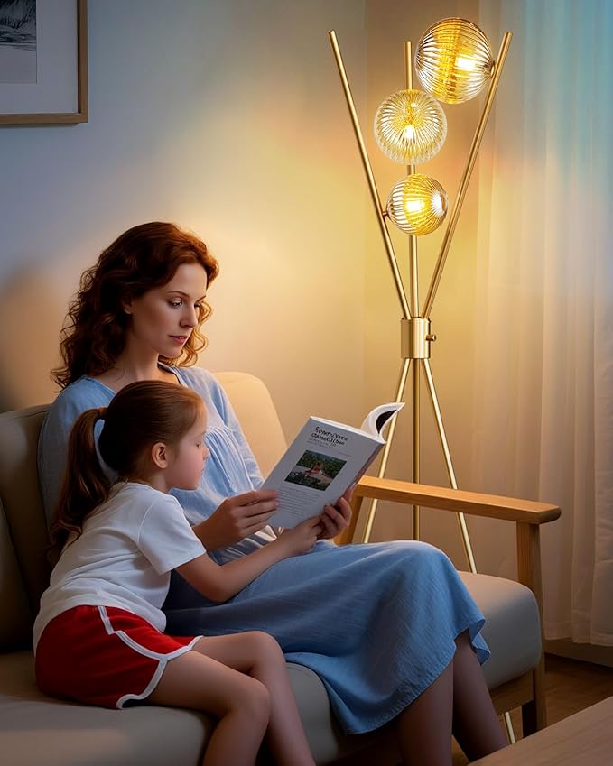 Lightdot Dimmable Tripod Floor Lamp Gold Art Deco Floor Lamp with Brown Globe Glass Lampshade 3Pcs Bulbs Included Tripod Standing Lamp for Living Room/Bedroom