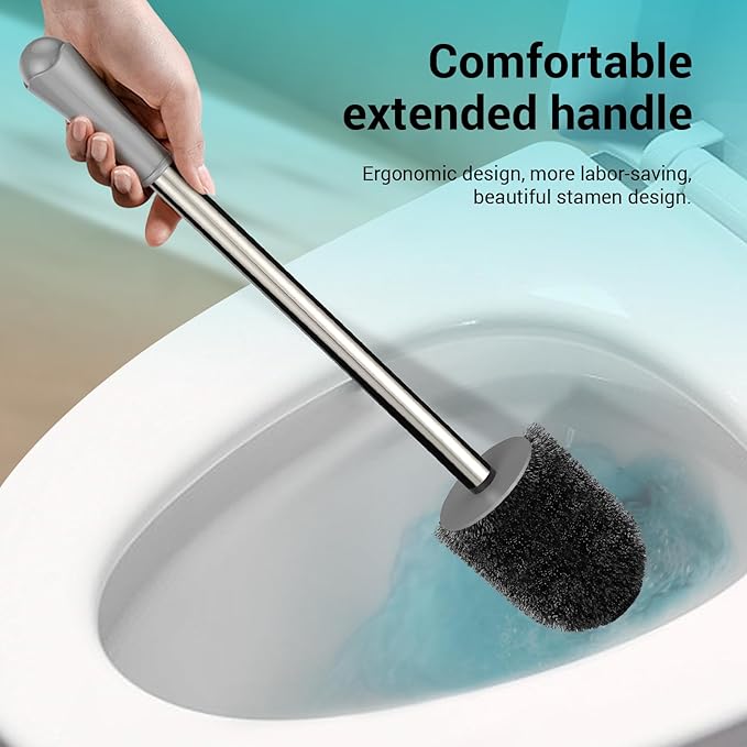 Toilet Brush and Holder, 3 Pack Compact Size Toilet Bowl Brush with Stainless Steel Handle, Small Size Plastic Holder Easy to Hide, Space Saving for Storage, Drip-Proof, Easy to Assemble Grey