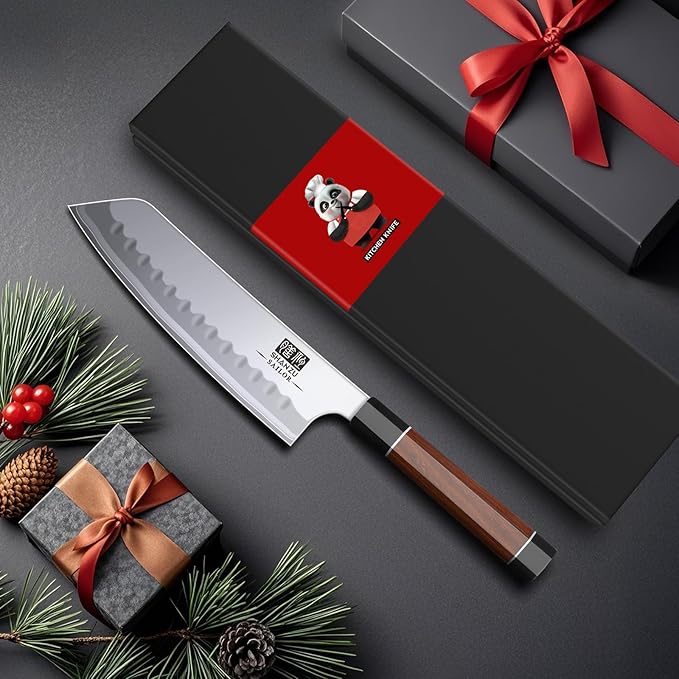 SHAN ZU 7 Inch Japanese Chef Knife, 9 Layers 10Cr15MoV High Carbon Steel Professional Kitchen Knife, Sharp Cooking Knife with Ergonomic Red Sandalwood Handle, Meat Cutting Santoku Knife
