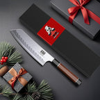 SHAN ZU 7 Inch Japanese Chef Knife, 9 Layers 10Cr15MoV High Carbon Steel Professional Kitchen Knife, Sharp Cooking Knife with Ergonomic Red Sandalwood Handle, Meat Cutting Santoku Knife
