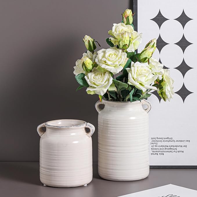 Ceramic Rustic Distressed White Flower Vase for Centerpieces, Kitchen, Office or Living Room (5.9''x8.6”)