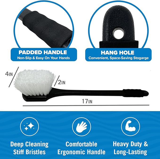 Stiff Hand Scrub Brush, Large Handle Heavy Duty Tire and Wheel Cleaning Tool, Outdoor Boat Scrubber with Handle, Carpet Cleaner, All-Purpose Cleaning Brush