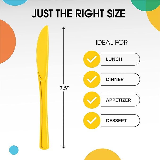 Party Solids Yellow Plastic Knives 200 Pcs Yellow Knives Disposable Utensils Heavy Duty Plastic Cutlery Set Disposable Cutlery Sets Flatware Sets Silverware Set Party Supplies & Party Tableware