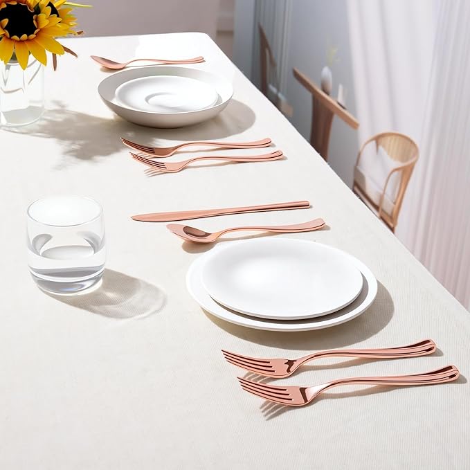 144 Pack Rose Gold Premium Plastic Cutlery Disposable Silverware Set - 48 Forks, 48 Knives, 48 Spoons - For Catering, Parties, Dinners, Weddings, and Everyday Use, Plastic box packaging