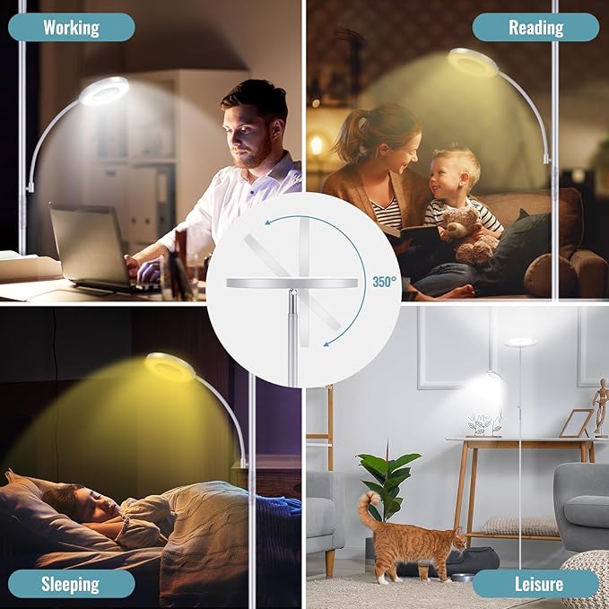 Silver Gray Floor Lamp, 42W 4000LM Super Bright LED Lamp with Reading Light for Living Room Bedroom Office, Dimmable Standing Lamp with Remote & Touch Control