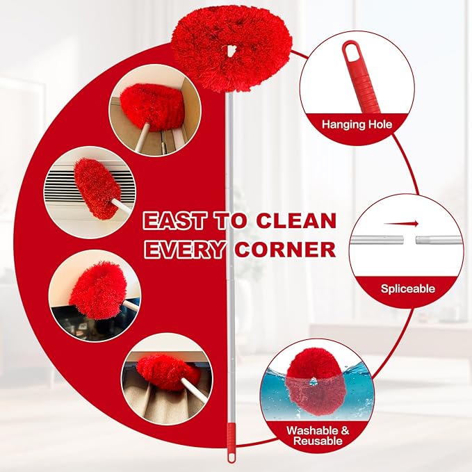 Ceiling Fan Cleaner Duster Reusable Microfiber Ceiling Fan Blade Cleaner Removable Duster with Extension Pole Adjusts 13 to 49.7 Inch for Cleaning Walls Bookshelves Furniture Door Window Top (Red)