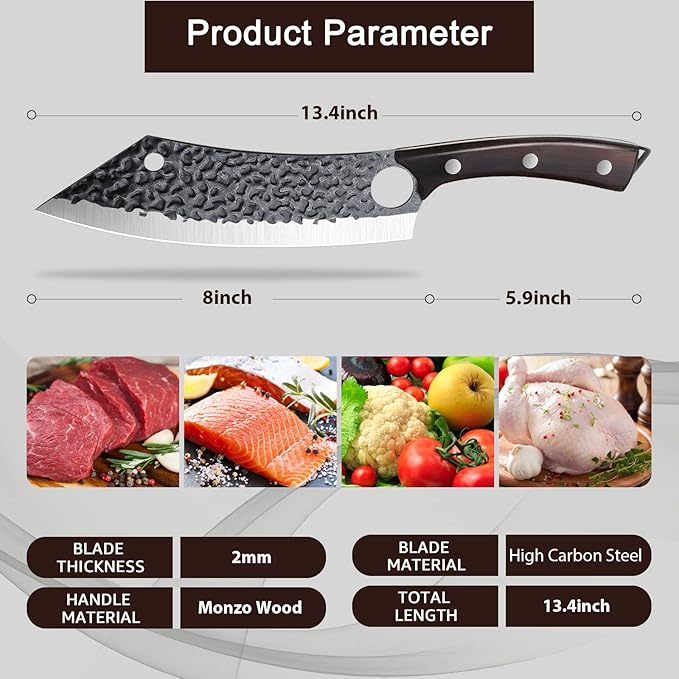 Purple Dragon Kitchen Knife 8 Inch Ultra Sharp Japanese Butcher Knife for Meat Cleaver Vegetable Cutting with Finger Hole Hand Forged High Carbon Steel Chef Knife Gifts for Father Dad
