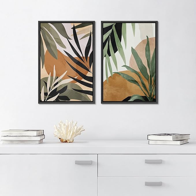 SIGNFORD Framed Canvas Print Wall Art Set Tropical Island Palm Leaf Geometric Collage Abstract Nature Illustrations Modern Art Decorative Minimalist Floral Botanical for Bedroom - 24"x36"x2 Black