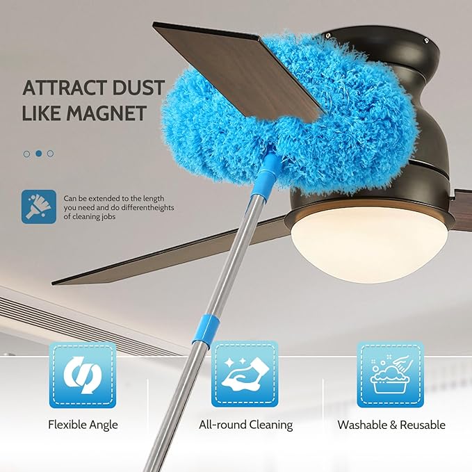 Ceiling Fan Cleaner Duster Reusable Microfiber Removable Duster with Extension Pole Adjusts 12 to 71 Inch for Cleaning Walls Bookshelves Furniture Door Window Top (Blue)