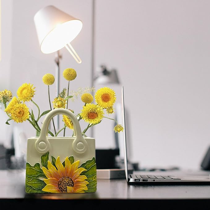 Small Purse Vase for Flowers - Sunflower Cute Mini Handbag Flower Vase for Organic Modern Table Centerpiece Decor, Unique Beige Resin White Vases for Party/Kitchen/Neutral/Bedroom