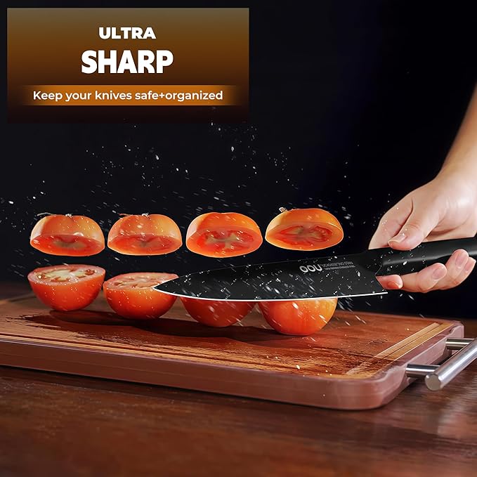 OOU Kitchen Knife Block Set - 15 Pieces High Carbon Stainless Steel Chef Knife Sets, Anti-Rust Black Knives Set with Built-in Sharpener Block, Walnut