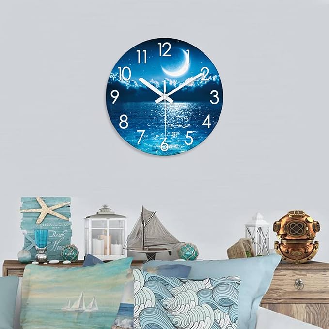 XFM Blue Wall Clock for Bedroom 12 Inch Natural Landscape Round Analog Clocks Battery Operated Moon Wall Clock Non Ticking Decorative for Kitchen Living Room Office