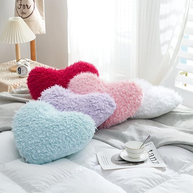 MOOWOO Pink Girl Heart Throw Pillow with Pillow Cover and Insert,Love Pillow，Valentines Day Decor, Shaggy Faux Fur Fluffy Pillow, Gift for Mothers,Girls (Pink,Heart Shape-15.7X15.7Inches)
