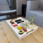 14x20 Inches White Faux Leather Wrapped Wood Serving Tray with Metal Handles for Various Occasions, Ottoman, Home Decor Decorative, Living Room, Coffee Table Organizer, Serving Breakfast On Bed