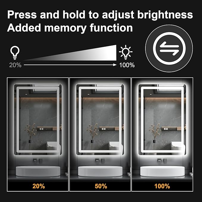 Led Bathroom Mirror, 36x24 Bathroom Vanity Mirror for Wall with Light, IP54 Enhanced Anti-Fog, Dimmable 3 Colors, Memory Function, Backlit and Front Lit, Shatter-Proof Glass, Plug-in/Hardwired