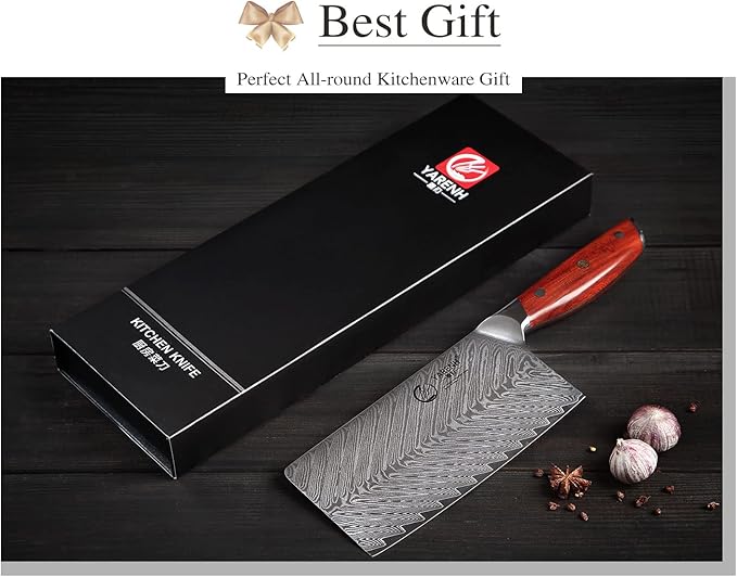 YARENH Chinese Cleaver Knife 7 Inch - Damascus Chef Knife for Kitchen, 67 Layers High Carbon Stainless Steel, African Sandalwood Handle, Sharp, Durable, Rust Resistant, Gift Box